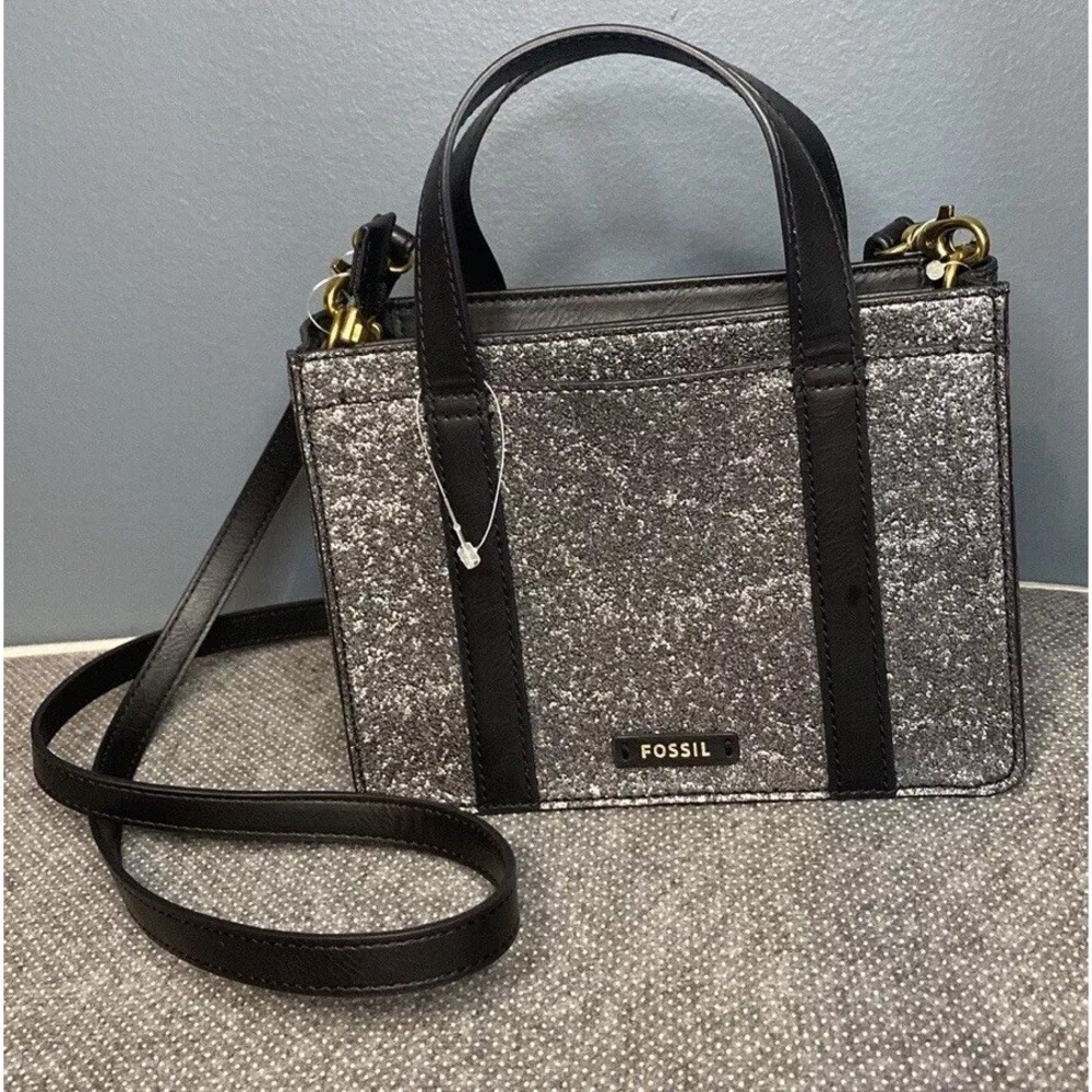 NEW Fossil Silver Glitter Black Mini Tote Crossbody